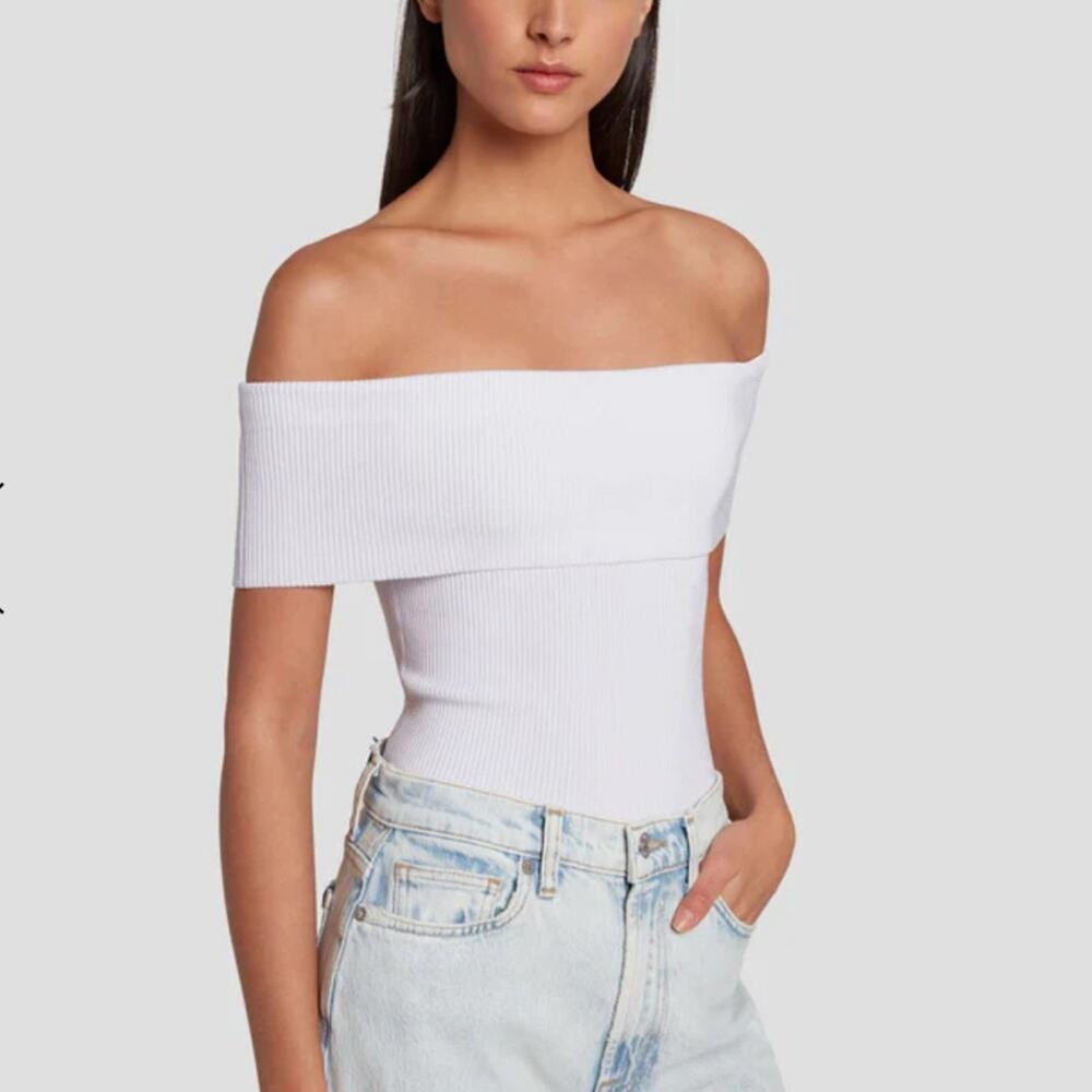 7 FOR ALL MANKIND Women’s White Ribbed Off Shoulder Fitted Blouse